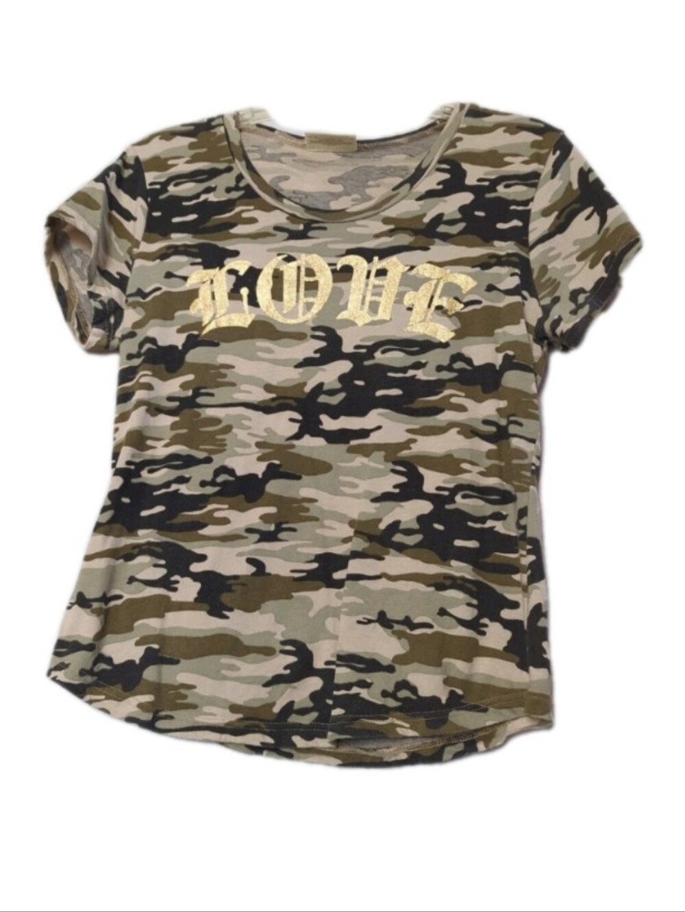 Bobbie Brooks Ladies Green Camo LOVE (In GOLD) Graphic T Shirt Top Size Large
